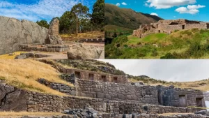 Qenqo: carved corridors and ceremonial altar. Puka Pukara: reddish fortress on hills. Tambomachay: ceremonial water sources.