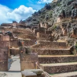 Monumental terraces and the Temple of the Sun, with tourists climbing the steps.