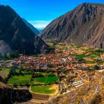Expansive landscape of the Sacred Valley with mountains, rivers and agricultural terraces.